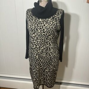 Calvin Klein Womens Large Sweater Body Con Dress Leopard Turtleneck